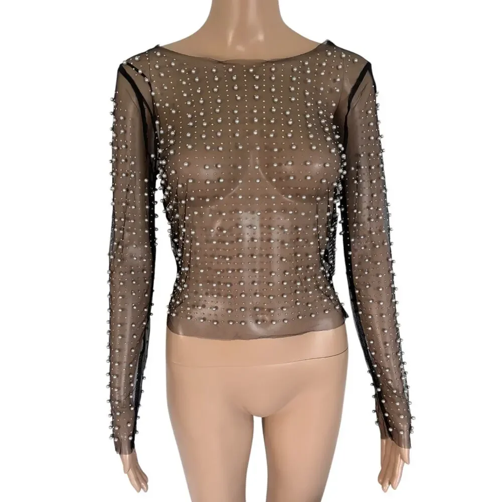 Haute Monde Black Pearl Beaded Mesh Sheer Long Sleeves Top S Coquette Glam NWT